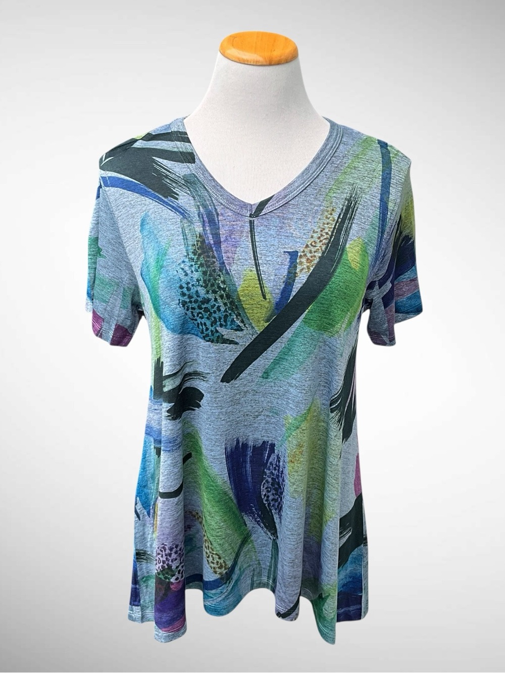 Jess & Jane Abstract Print Short-Sleeve Pullover V-Neck Top